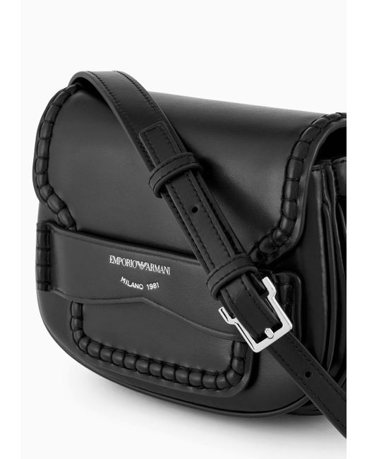 Emporio Armani Black Small Shoulder Bag In Leather With Flap And Logo Gusset
