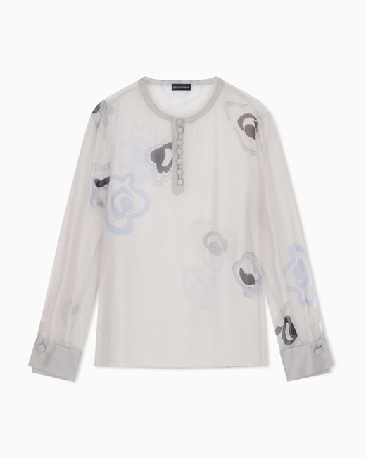 Emporio Armani Gray Silk Chiffon Blouse With Watercolour-Effect Floral Print
