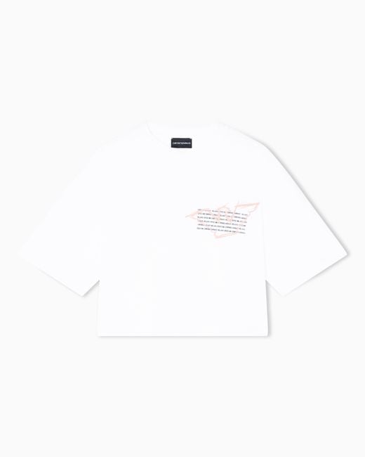 Emporio Armani White Cropped Jersey T-Shirt With Eagle Print