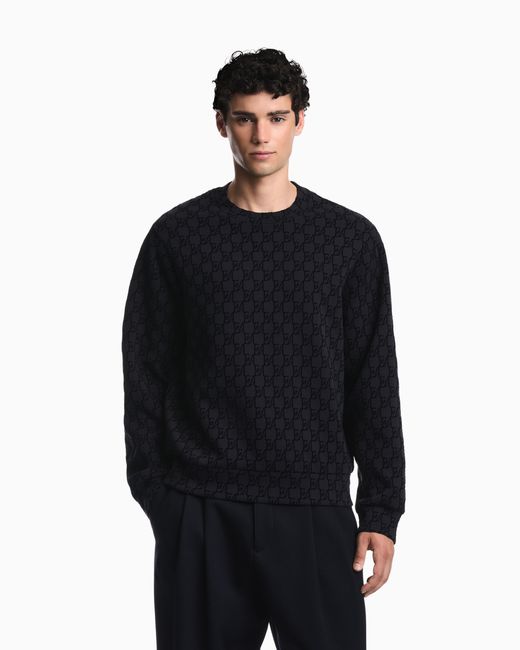 Emporio Armani Blue Double Jersey Sweatshirt With All-Over Logo Print for men