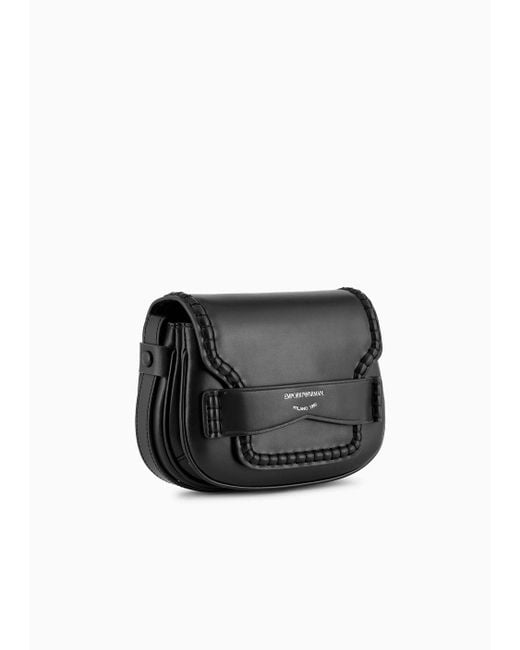 Emporio Armani Black Small Shoulder Bag In Leather With Flap And Logo Gusset