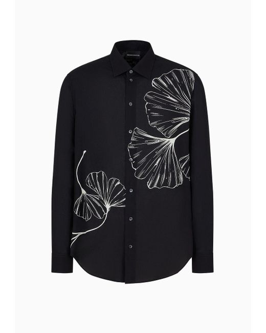 Emporio Armani Black Viscose Shirt With An All-over Nature Print for men