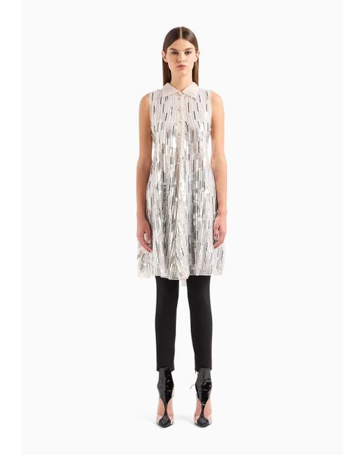 Emporio Armani White Midi Dress In Silk Organza With A Blend Of All-over Hand-embroidered Sequins