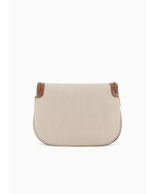 Emporio Armani White Medium Shoulder Bag In A Slubbed Linen Blend With Flap And Logo Gusset
