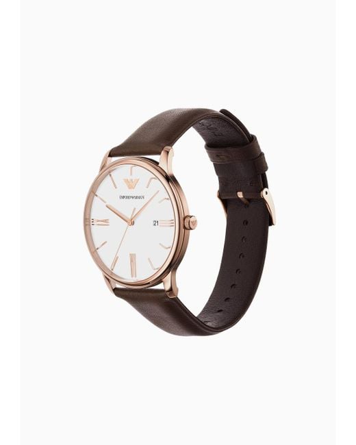 Emporio Armani White Three-hand Date Brown Leather Watch for men