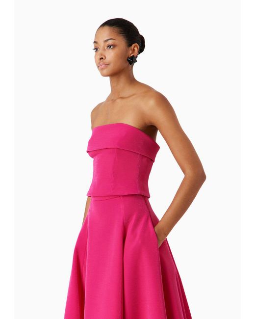 Emporio Armani Pink Strapless Top In Shiny Lurex-effect Piqué With Twisted Belt