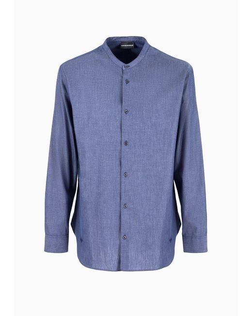 Emporio Armani Blue Chambray Shirt With Guru Collar for men