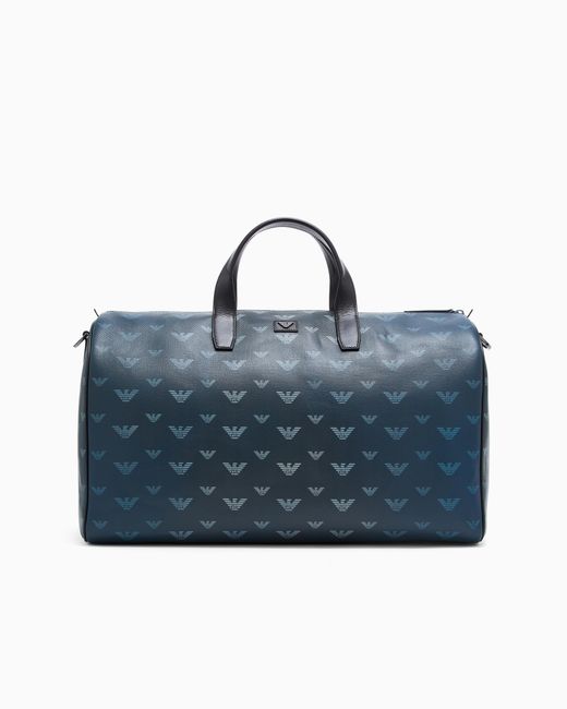 Emporio Armani Blue Coated Canvas Bowling Bag With All-Over Eagle for men