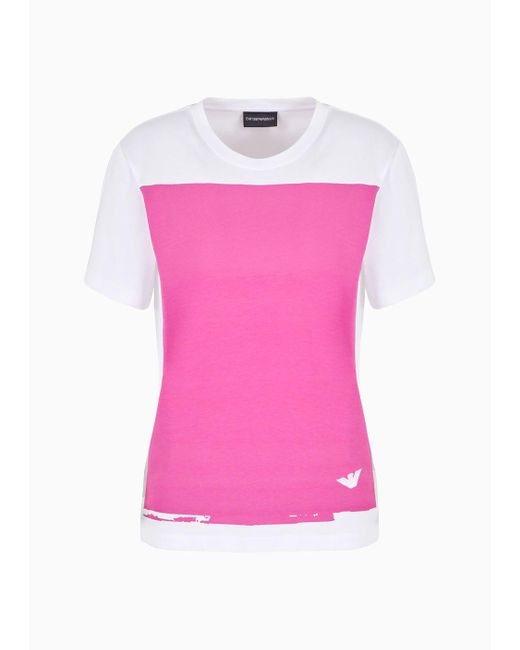 Emporio Armani Pink T-shirt Aus Supima-jersey Mit Effekt-print In Colorblock-optik