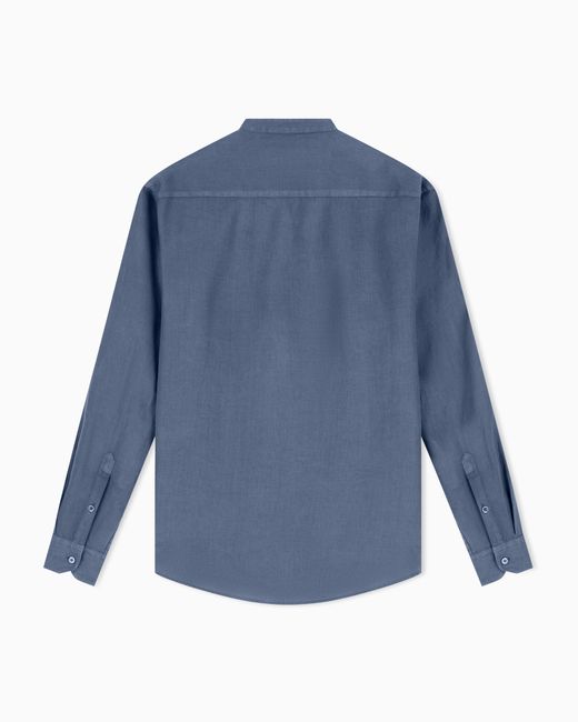 Emporio Armani Blue Garment-Dyed Linen Shirt With Guru Collar for men