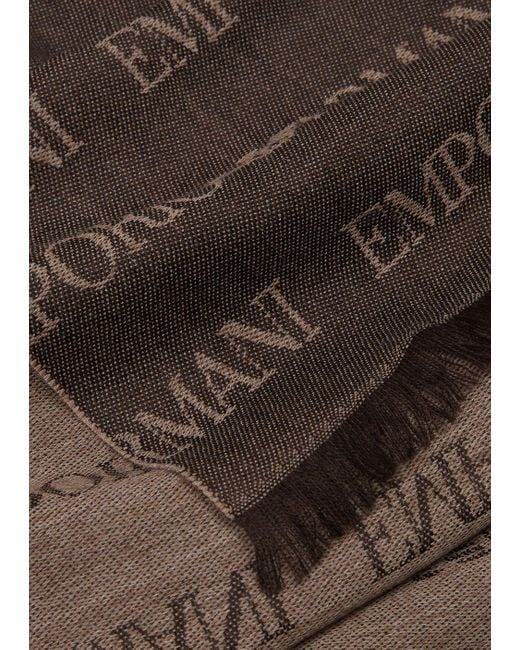 Emporio Armani Brown Virgin-wool Blend Scarf With Jacquard Logo Lettering And Fringes for men