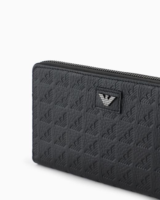 Emporio Armani Black Zip-Around Leather Wallet With All-Over Embossed Eagle for men