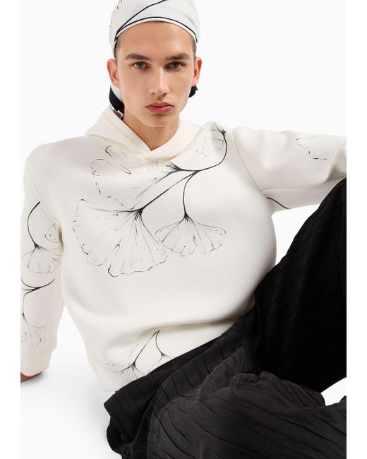 Emporio Armani White Hooded Sweatshirt In Scuba Fabric With All-over Nature Print for men