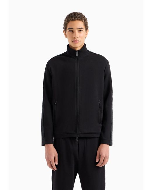 Emporio Armani Black Double-jersey Full-zip Sweatshirt With Logo Tape for men