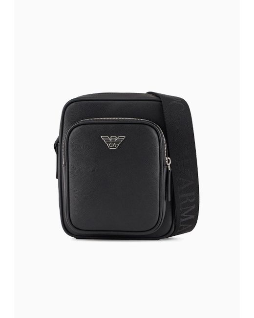 Emporio Armani Black Asv Crossbody Bag In Regenerated Saffiano Leather With Eagle Plaque for men