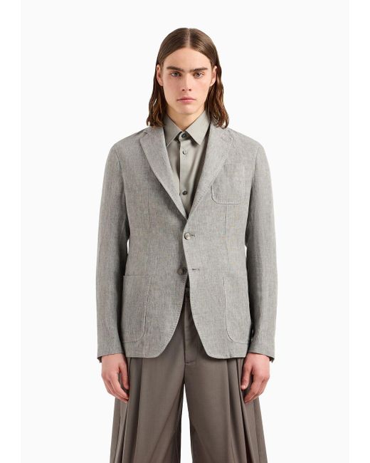 Emporio Armani Gray Single-breasted Jacket In Faded Linen With A Crêpe Texture for men
