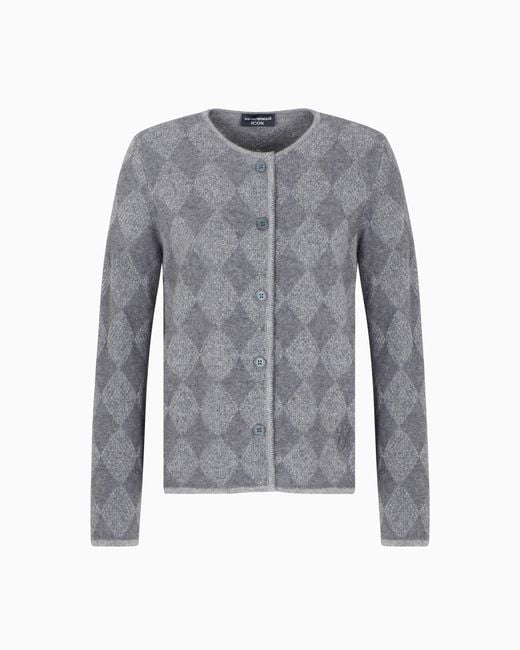 Emporio Armani Gray Icon Wool-Blend Cardigan With Plated Diamond Motif