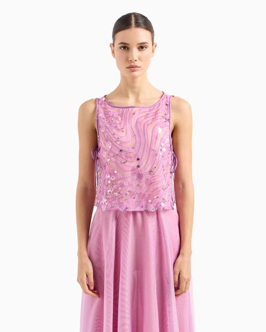 Emporio Armani Pink Silk Organza Top With Embroidery And Sequins