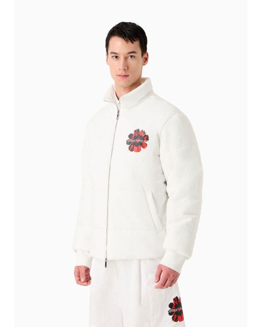 Emporio Armani White Nylon Quilted Jacket With Floral Jacquard Motif And Mon Amour Print for men