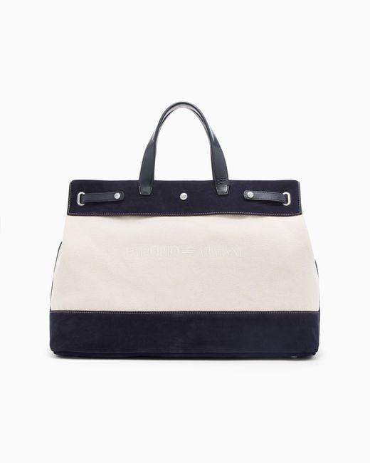 Emporio Armani Blue Canvas Shopper Bag With Leather Details for men