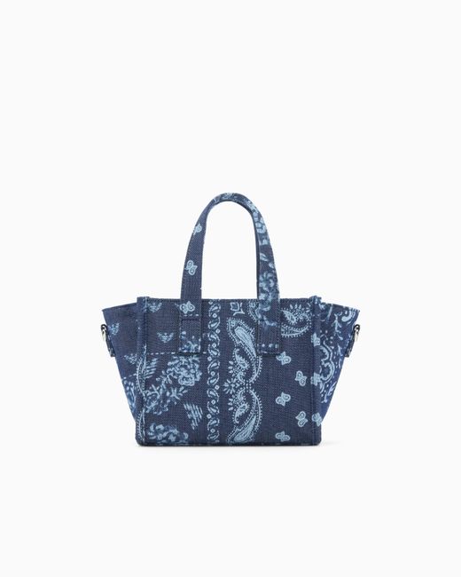 Emporio Armani Blue Small Canvas Shopper Bag With A Bandana Print