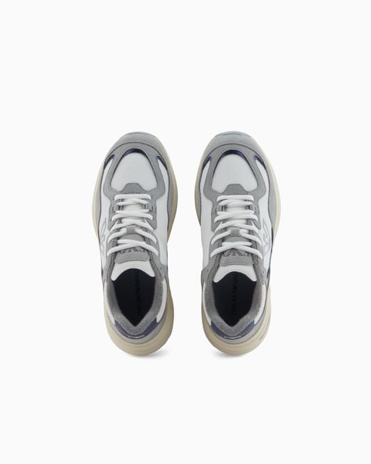 Emporio Armani White Mesh Sneakers With Suede Details And An Eagle Logo