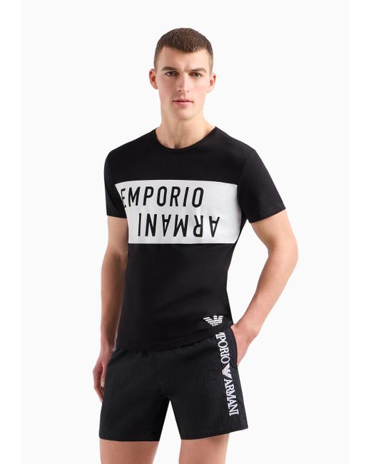 Emporio Armani Black Beachwear T-shirt In Jersey With A Bold Logo Print for men