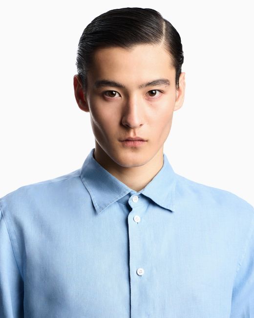 Emporio Armani Blue Garment-Dyed Linen Shirt With French Collar for men
