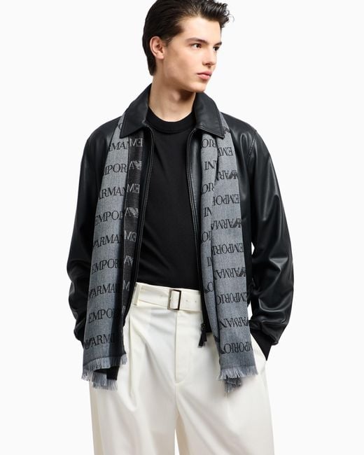 Emporio Armani Gray Virgin-Wool Blend Scarf With Jacquard Logo Lettering And Fringes for men