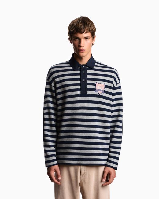 Emporio Armani Blue Eagle Club Striped Jersey Polo Shirt With Patch for men