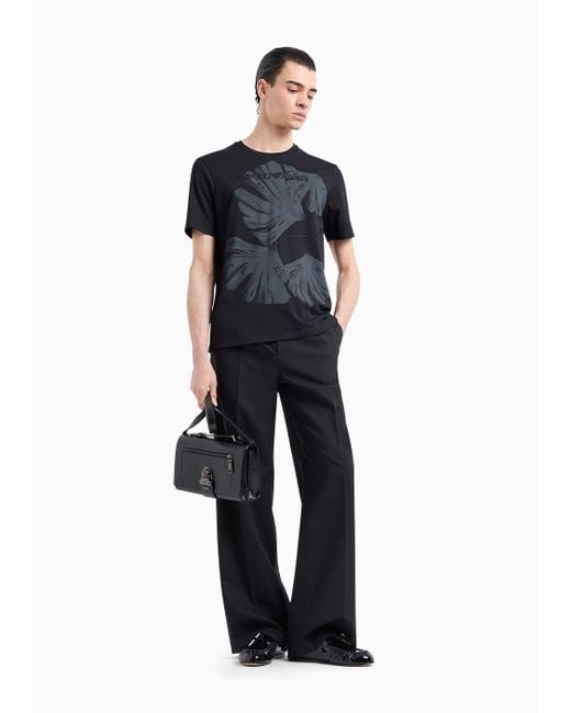 Emporio Armani Black Jersey T-shirt With Stylised Flower Embroidery And Print for men