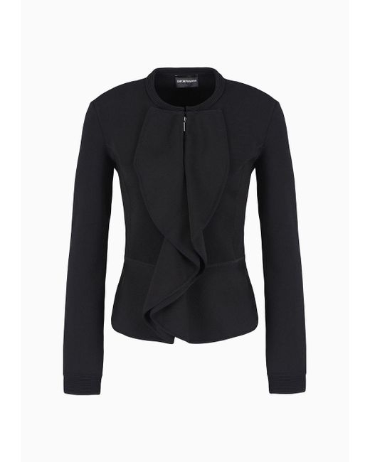 Emporio Armani Black Zipped Jacket With Ruffles In Milano-stitch Fabric