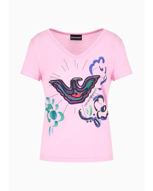 T-shirt Scollo V In Jersey Soft Misto Modal Con Stampe E Ricamo Aquila di Emporio Armani in Pink