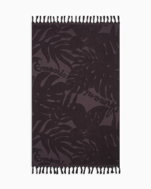 Emporio Armani Black Foliage-Print Jacquard Beach Towel