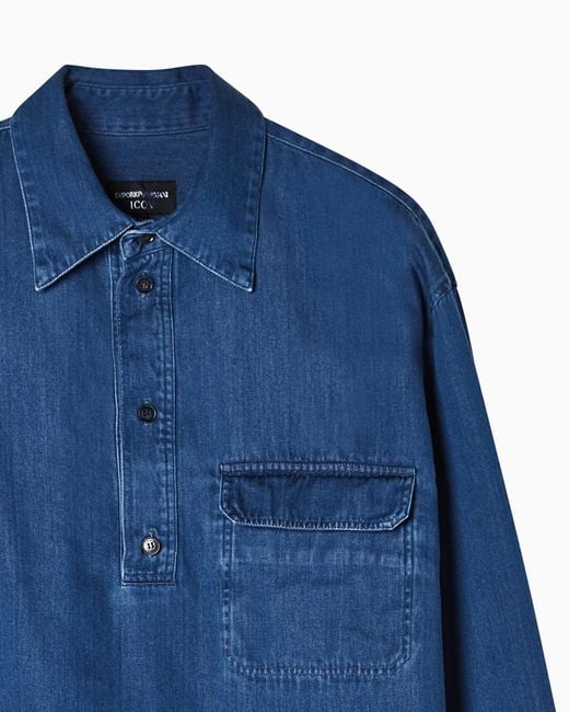 Emporio Armani Blue Icon Denim Polo-Collar Shirt for men
