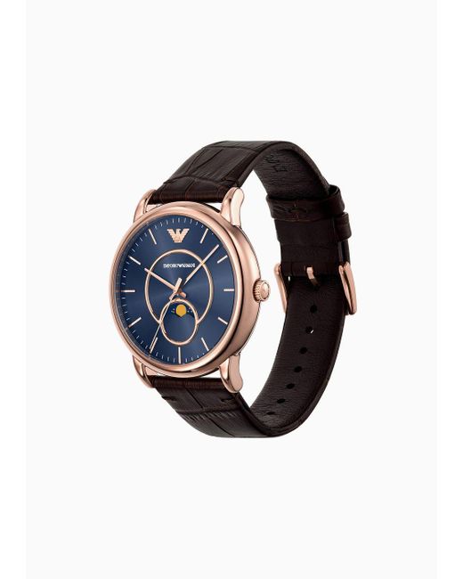 Emporio Armani Blue Three-hand Moonphase Brown Leather Watch for men