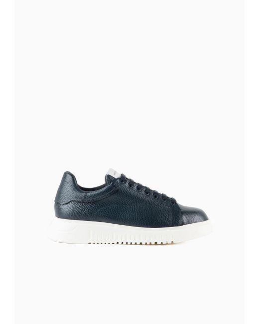Emporio Armani Blue Tumbled Leather Sneakers for men