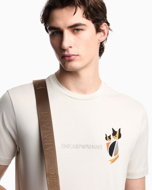 Emporio Armani White Après Jersey T-Shirt With Logo Embroidery And Cat Print for men