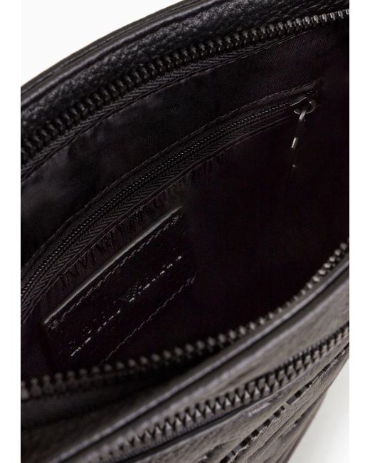 Emporio Armani Black Flat Leather Shoulder Bag With All-over Embossed Eagle for men