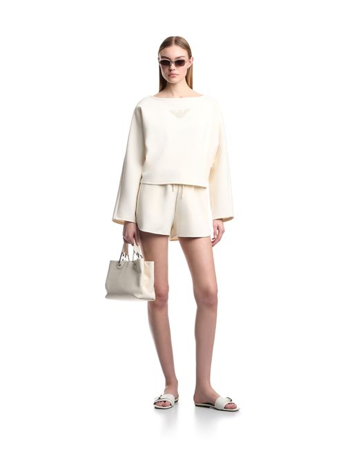Emporio Armani White Double Jersey Cropped Sweatshirt With Eagle Embroidery