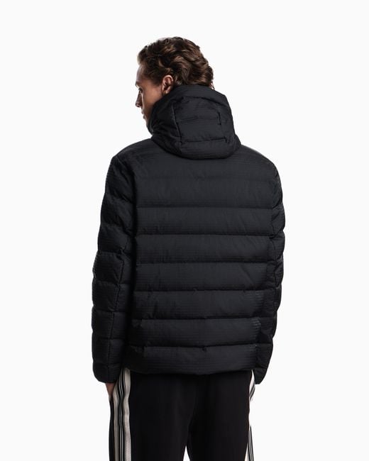 Emporio Armani Blue Hooded, Quilted-Nylon Down Jacket With Jacquard Logo Lettering for men