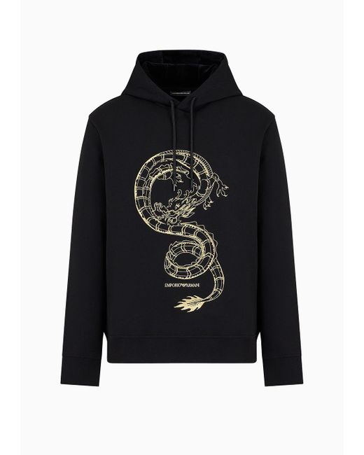 Emporio Armani Black Double-jersey Hooded Sweatshirt With Dragon Embroidery for men