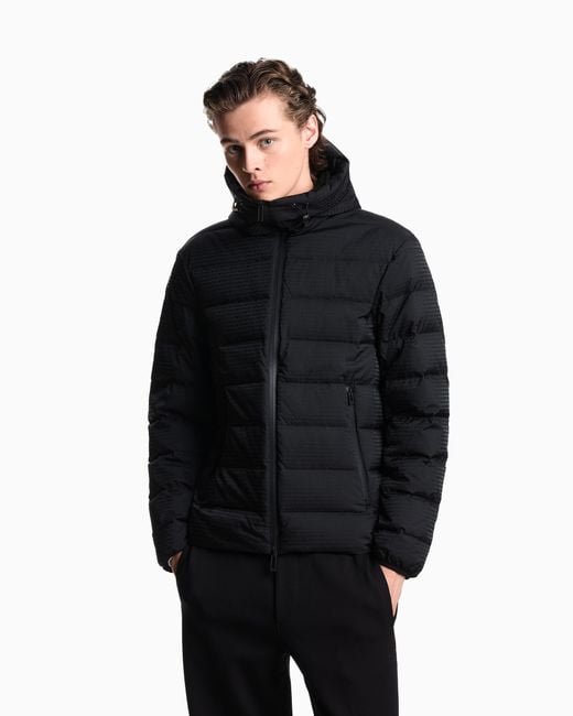 Emporio Armani Blue Hooded, Quilted-Nylon Down Jacket With Jacquard Logo Lettering for men