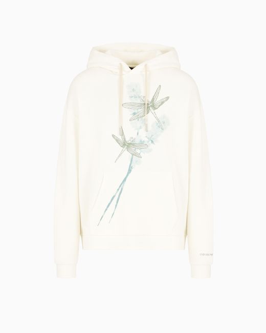 Emporio Armani White Asv Jersey Hooded Sweatshirt With Dragonfly Print And Embroidery for men