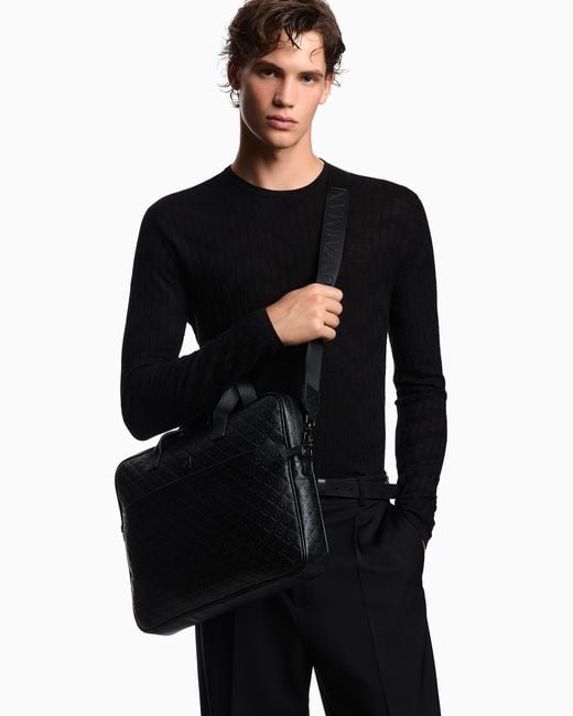 Bolso Business De Piel Con Motivo Integral De Águila En Relieve Emporio Armani de hombre de color Black