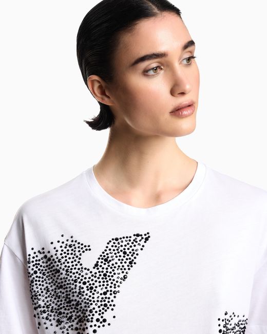 Emporio Armani White Jersey T-Shirt With Rhinestone Eagle