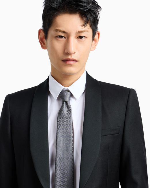 Emporio Armani White Pure Silk Eagle And Check Jacquard Tie for men