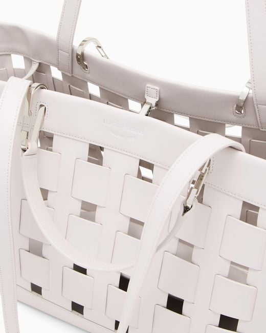 Emporio Armani White Tote Bag With Woven Design Double Handles And Pouch