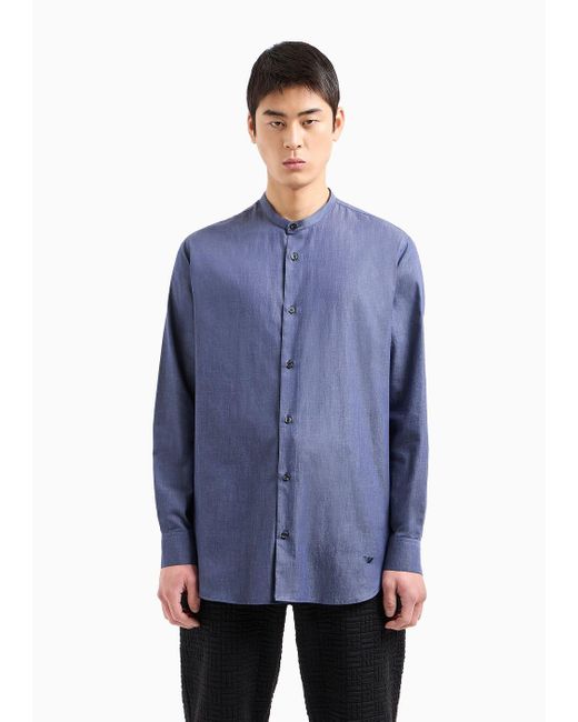 Emporio Armani Blue Chambray Shirt With Guru Collar for men