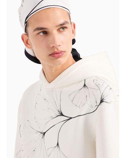 Emporio Armani White Hooded Sweatshirt In Scuba Fabric With All-over Nature Print for men